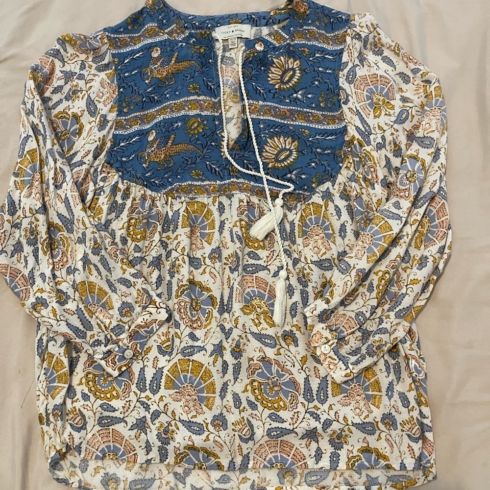 Lucky Brand Floral Bohemian Blouse - Blue and Cream XS